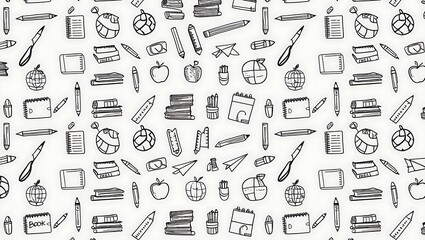 Black hand-drawn school-related items like globes and books in a seamless grid pattern on a white background. Great for creating educational-themed materials.
