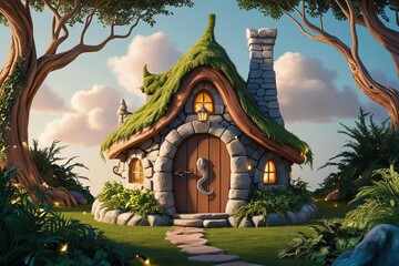 A whimsical, intricately detailed fairy stone house with a sturdy wooden door adorned with a delicate iron doorknocker in the shape of a serpent