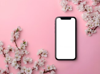 White Flowers and Smartphone on Pink Background