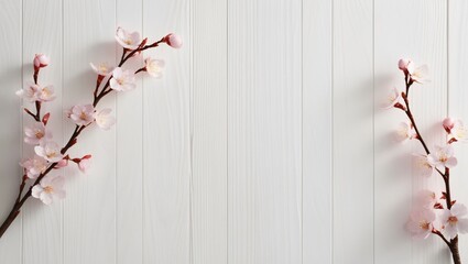 Minimalist elegant cherry blossoms on white wooden background, light pink petals, yellow stamens, subtle texture, simple and balanced composition, generative ai