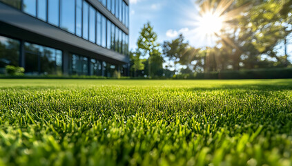 Vibrant green grass glistens in the sunlight, showcasing a serene outdoor space near a modern building.