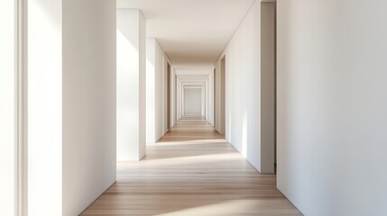 A simple, empty hallway with clean white walls and a light wooden floor, showcasing minimalism in architecture.