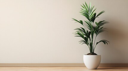 A single house plant placed in a white ceramic pot on a wooden floor, with a neutral-colored wall behind it