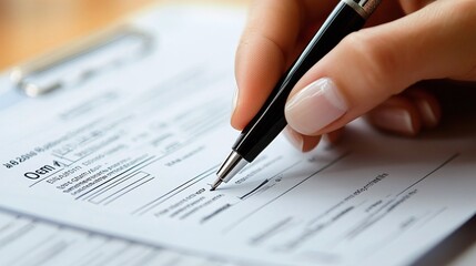 detailed closeup of hand writing on business documents with a pen highlighting the process of filling out forms and paperwork