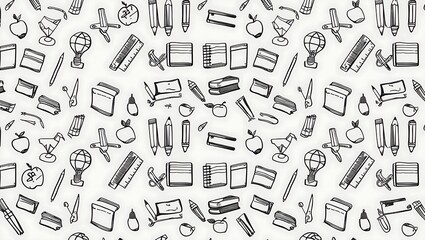 Fototapeta premium Black hand-drawn school-related items like globes and books in a seamless grid pattern on a white background. Great for creating educational-themed materials.