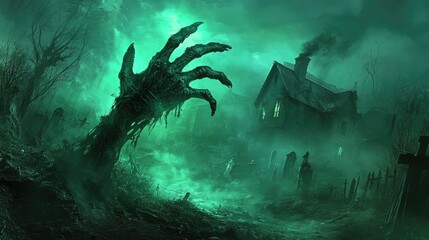 An undead hand breaking through the ground in a misty graveyard, bathed in green light, with a haunted house nearby.