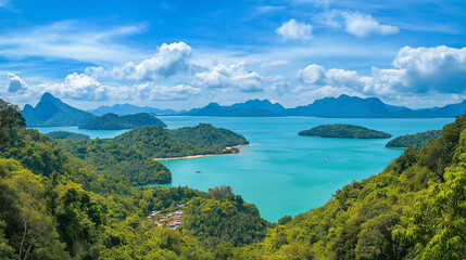 Obraz premium Langkawi Island is beautiful, the sea is beautiful, the sky is clear, the clouds are beautiful, and the trees are green.