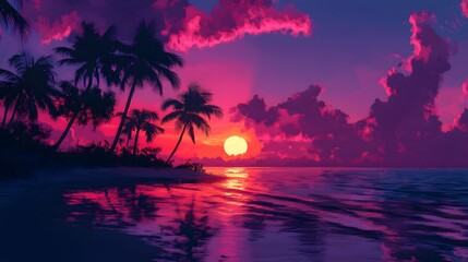 A stunning sunset over the tropical beach, with palm trees silhouetted against the vibrant colors of pink and purple in the sky