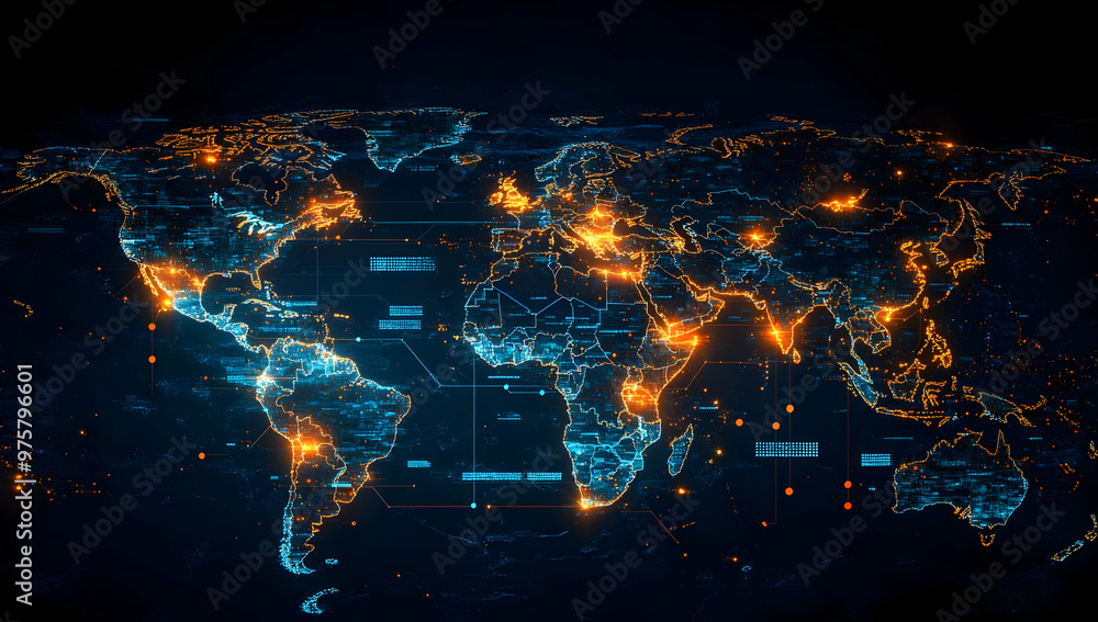 Poster futuristic world map displaying interconnected cities with glowing lights, symbolizing digital netwo