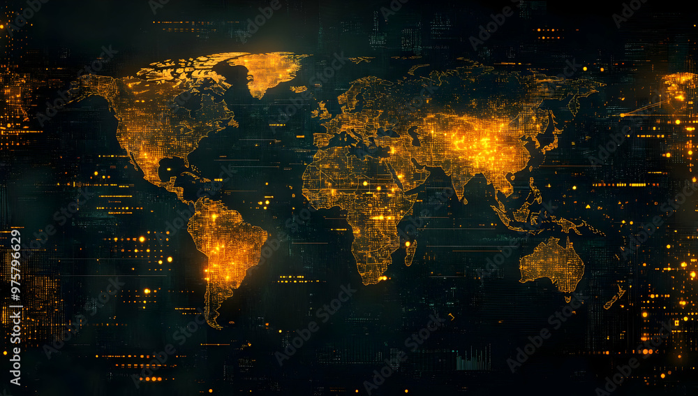 Aufkleber stylized global map illuminated with warm light, showcasing digital connections and data flow across