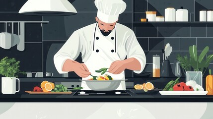 Chef Preparing a Dish in a Modern Kitchen