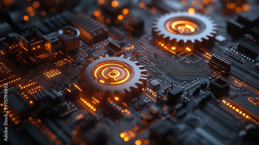 Poster a close-up of glowing gears on a circuit board with an abstract digital tech background, capturing v