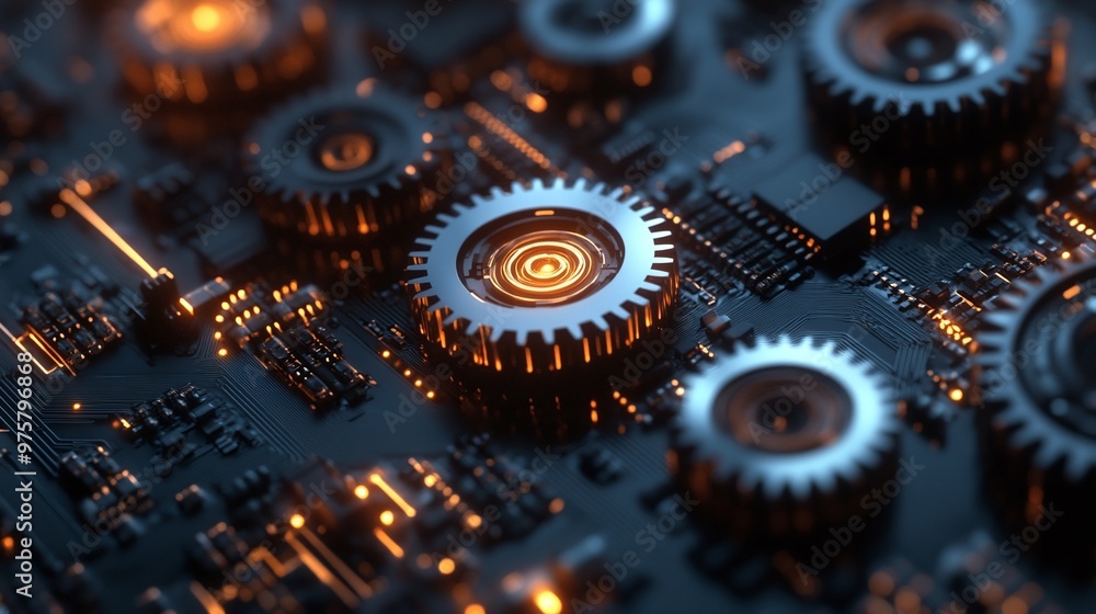 Poster a visually striking abstract background with glowing gears on a circuit board, emphasizing the intri