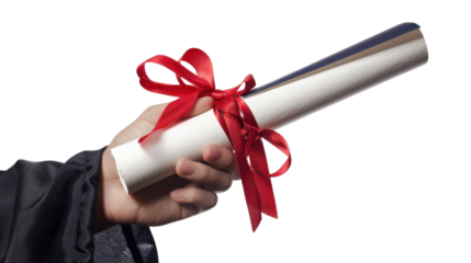Hand graduates holding diploma on transparent background