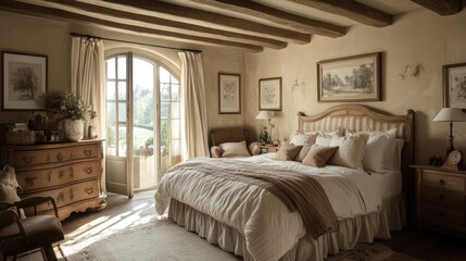 Beautiful French country-inspired bedroom with rustic furniture and elegant decor, creating a tranquil and cozy atmosphere.