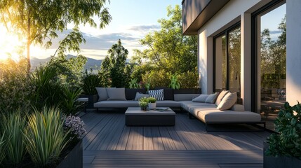 Naklejka premium A spacious deck with sectional sofas, a coffee table, and outdoor planters creating a chic relaxation area.