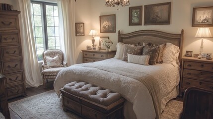 Beautiful French country-inspired bedroom with rustic furniture and elegant decor, creating a tranquil and cozy atmosphere.