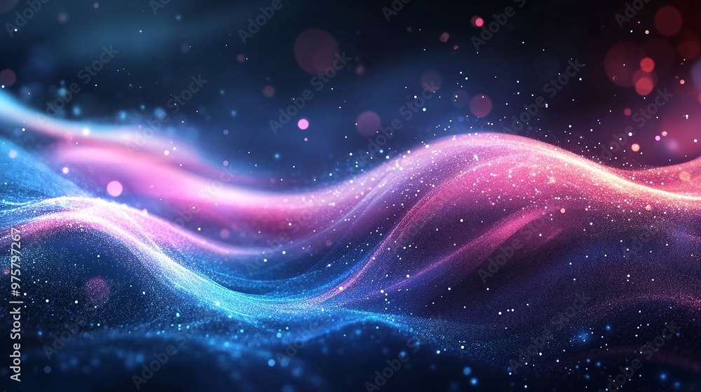 Poster close-up of an abstract glowing background featuring blue and pink digital waves, highlighting the v