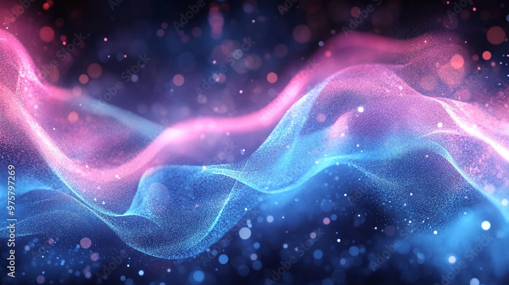 Poster abstract background with glowing blue and pink waves, showcasing a vibrant and dynamic visual effect