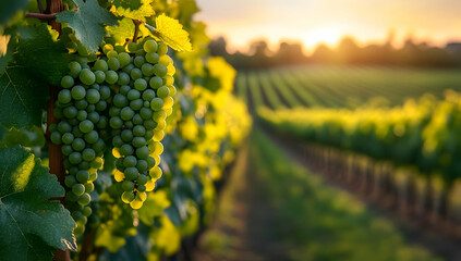 Sunlit vineyard with lush green grapes glistening. A serene landscape perfect for wine lovers and nature enthusiasts.