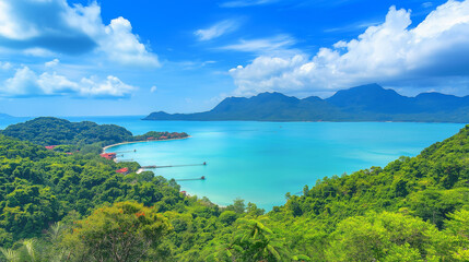 Langkawi Island is beautiful, the sea is beautiful, the sky is clear, the clouds are beautiful, and the trees are green.