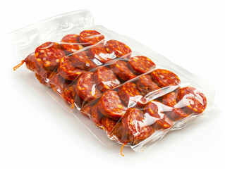 Sliced meat delicacy in clean transparent vacuum plastic packaging.