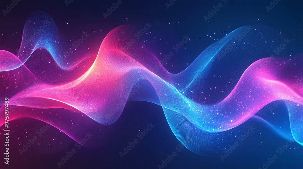 Poster vibrant abstract background featuring glowing blue and pink waves, with a dynamic and luminous effec
