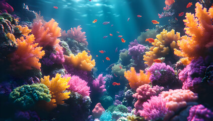 Fototapeta premium Vibrant underwater scene showcasing colorful coral reefs and schools of tropical fish in a crystal-clear ocean environment.
