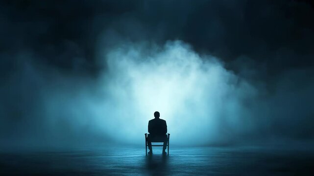 Desolate void. Infinite dark space. Eerie stillness. Otherworldly realm. Foggy atmosphere. Single chair. Seated figure. Central position. Deep blues. Misty grays. Ethereal glow. Hazy background. 