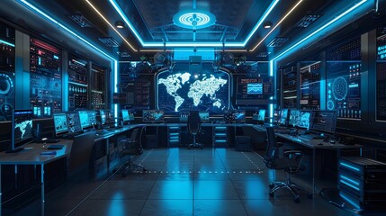 Futuristic Control Room with Global Data Monitoring Systems