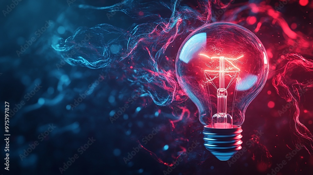 Poster an artistic abstract image of a glowing filament in a light bulb, with bold red and blue colors crea