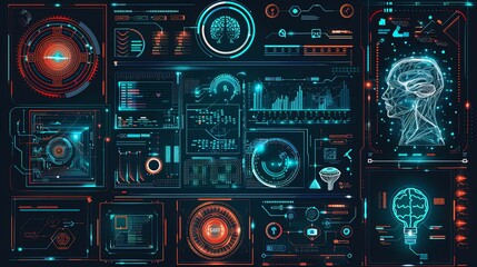 Fototapeta premium Futuristic Interface with Digital Brain and Data Visualization