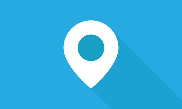 Location marker icon with long shadow. White location tag isolated on blue background. Vector illustration