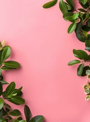 Fototapeta premium Green Leaves Frame On Pink Background