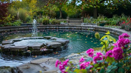 Fototapeta premium Beautiful Garden Pond with Fountain and Flowers in Full Bloom