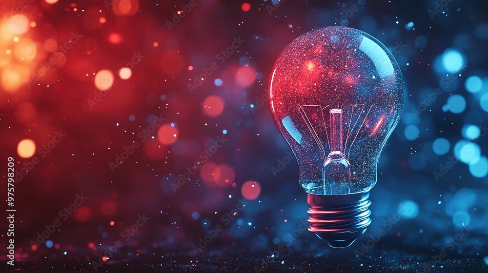 Poster close-up abstract view of a light bulb with a glowing filament, featuring bright red and b