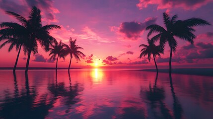 A stunning sunset over the tropical beach, with palm trees silhouetted against the vibrant colors of pink and purple in the sky
