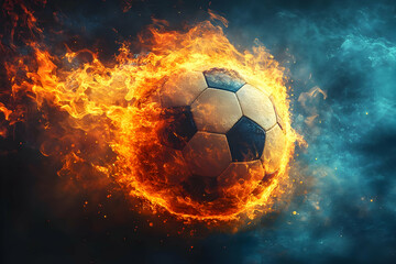 Naklejka premium A dynamic soccer ball engulfed in flames, representing speed, energy, and the passion of the game in a stunning visual display.
