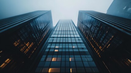 Cityscape of Glass and Steel Under a Foggy Sky