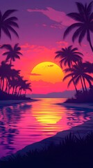 A stunning sunset over the tropical beach, with palm trees silhouetted against the vibrant colors of pink and purple in the sky