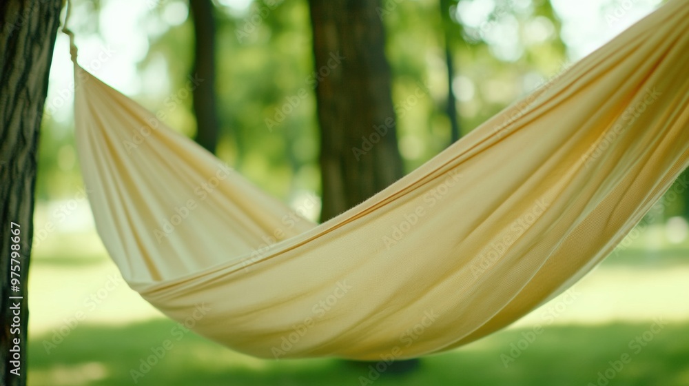 Wall mural A close up of a hammock hanging from the side of two trees, AI