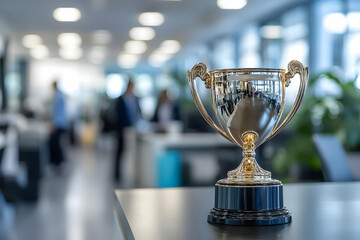 A shiny trophy displayed in an office setting, symbolizing achievement and success in a professional environment.