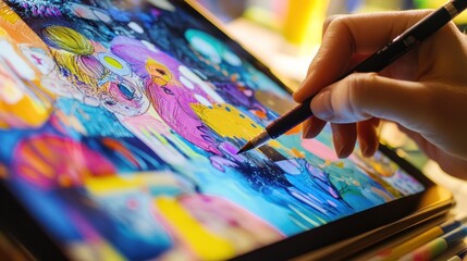 Naklejka premium A hand sketching doodles on a tablet, with various handmade illustrations displayed on the screen in a vibrant, digital format