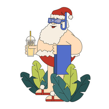 Funky Santa in swimming tranks and asian bubble tea with tapioca pearls. Santa isolated transparent background. Vector template design for holiday poster banner card cover. EPS 10 Editable stroke.