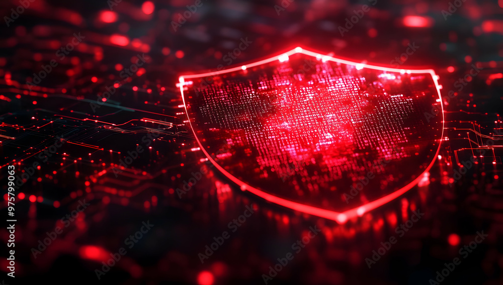 Poster digital shield icon glowing in red, symbolizing cybersecurity and data protection against threats an