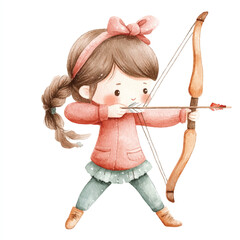 cute girl playing Archery watercolor clipart illustration isolated