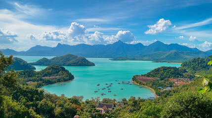 Langkawi Island is beautiful, the sea is beautiful, the sky is clear, the clouds are beautiful, and the trees are green.