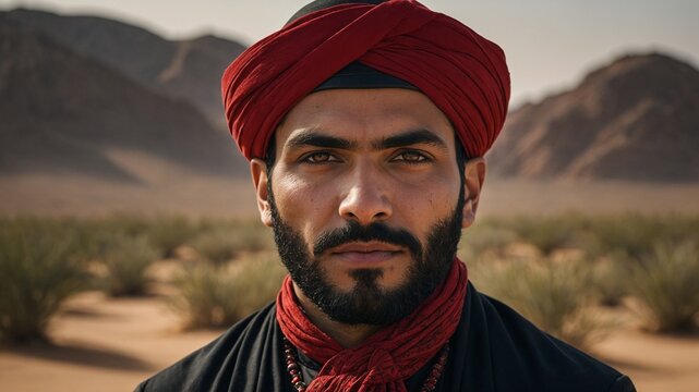 Middle-aged Middle Eastern man with thick beard wearing red turban and scarf in desert landscape