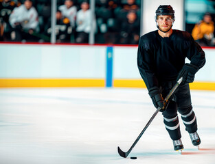 A hockey player in a black uniform stands on the ice in full height. Copy space