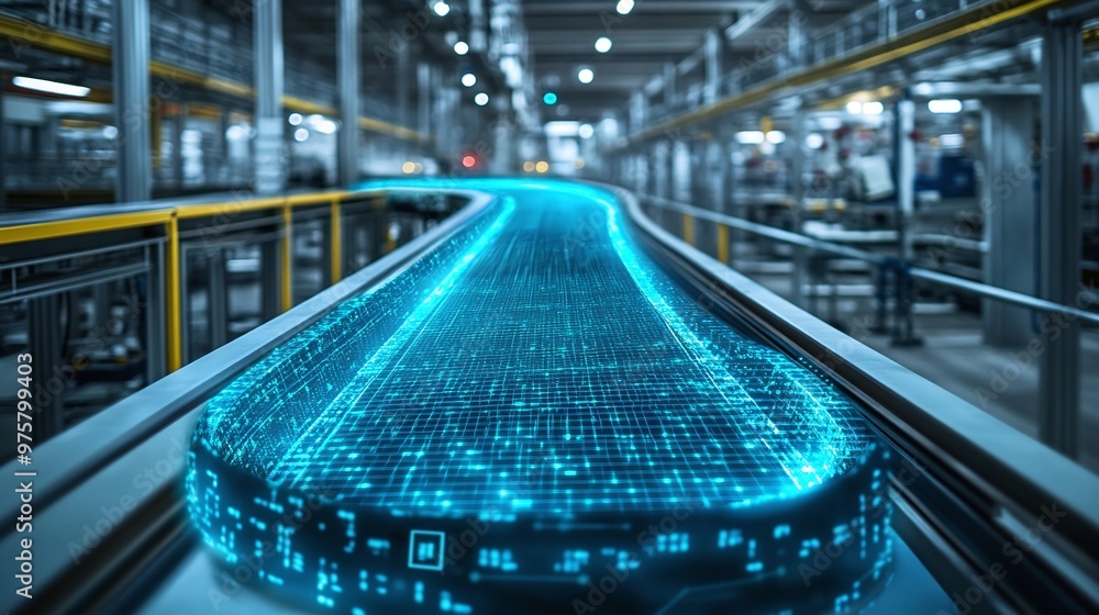 Poster modern factory setting with a conveyor belt and a digital overlay, emphasizing the advanced technolo